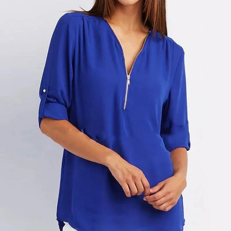 Solid Elegant Summer Spring V-neck Zipper New Fashionable Casual Top