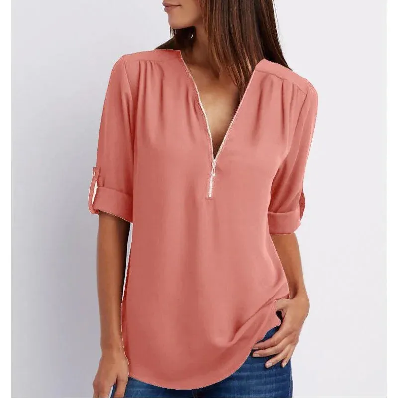 Solid Elegant Summer Spring V-neck Zipper New Fashionable Casual Top