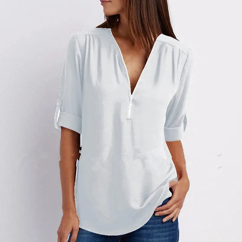 Solid Elegant Summer Spring V-neck Zipper New Fashionable Casual Top