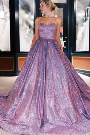 Sparkly Ball Gown Sweetheart Lace up Long Prom Dresses, Evening Dress