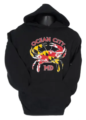 SWOC01B Hooded Sweatshirt Ocean City with Maryland Crab Flag BLACK