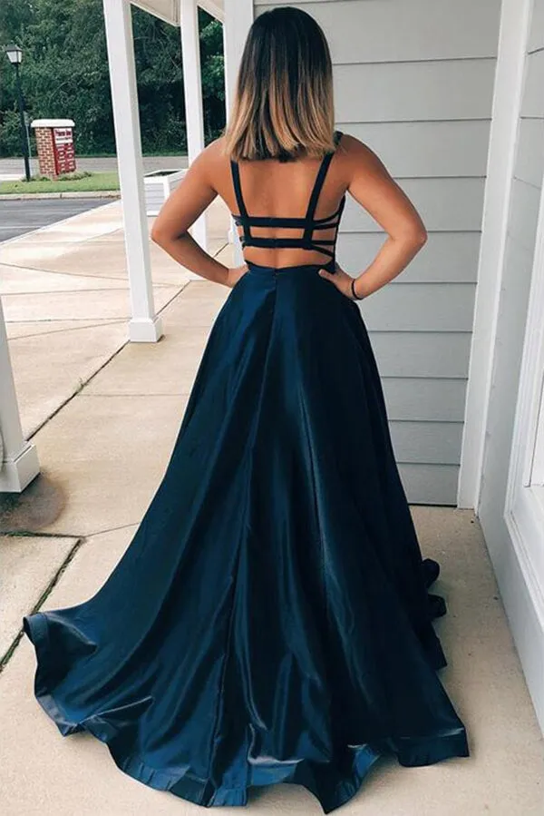 Taffeta A-line Spaghetti Straps Prom Dresses With Pockets, Evening Dress