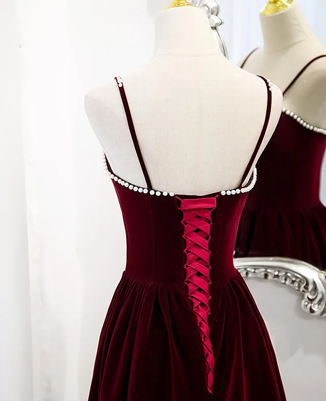 Wine Red Velvet Short Simple Wedding Party Dress, Dark Red Homecoming Dresses