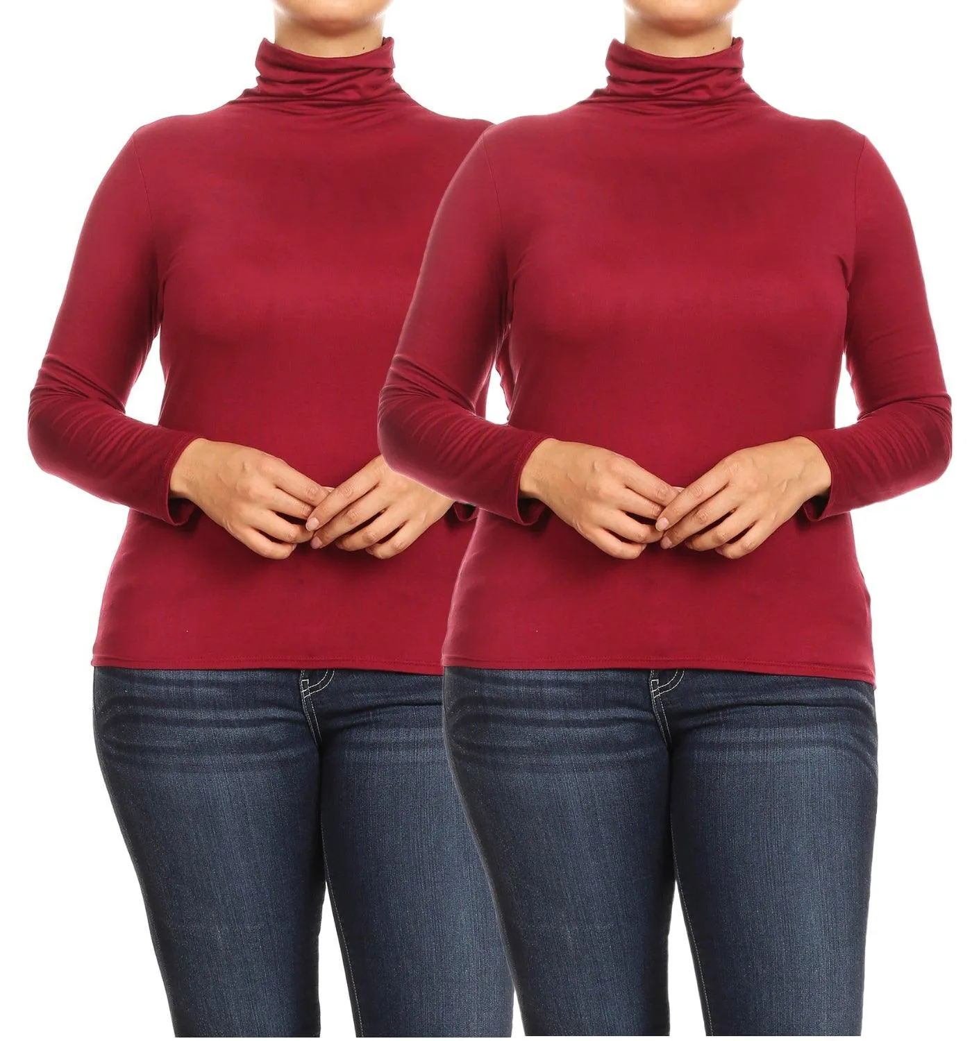 Women's Plus Size Fitted Long Sleeve Solid Turtleneck Sweater (Pack of 2)