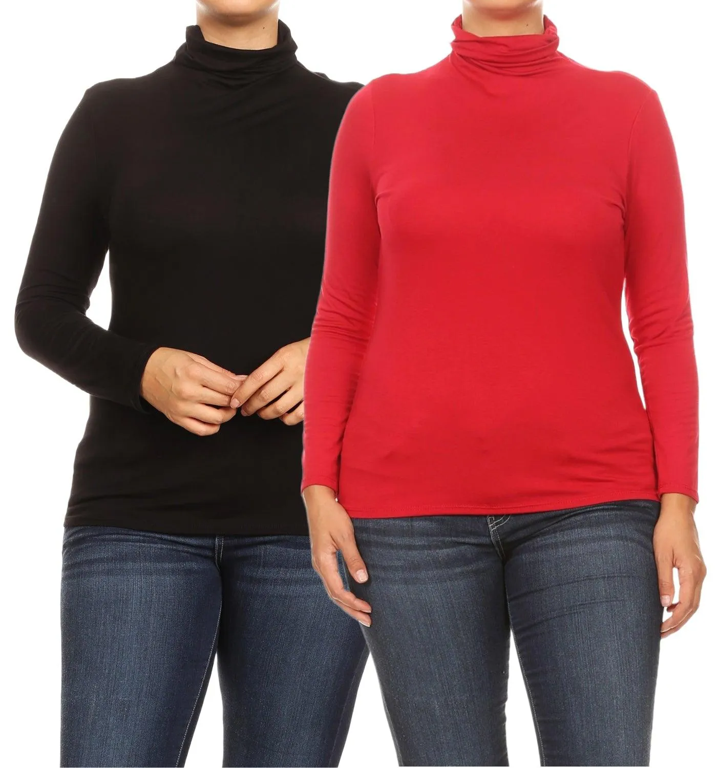 Women's Plus Size Fitted Long Sleeve Solid Turtleneck Sweater (Pack of 2)