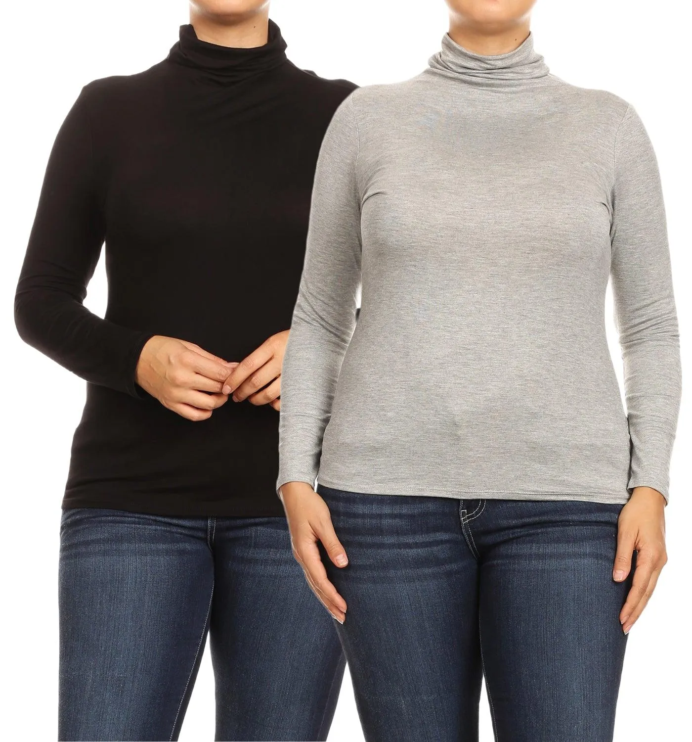 Women's Plus Size Fitted Long Sleeve Solid Turtleneck Sweater (Pack of 2)