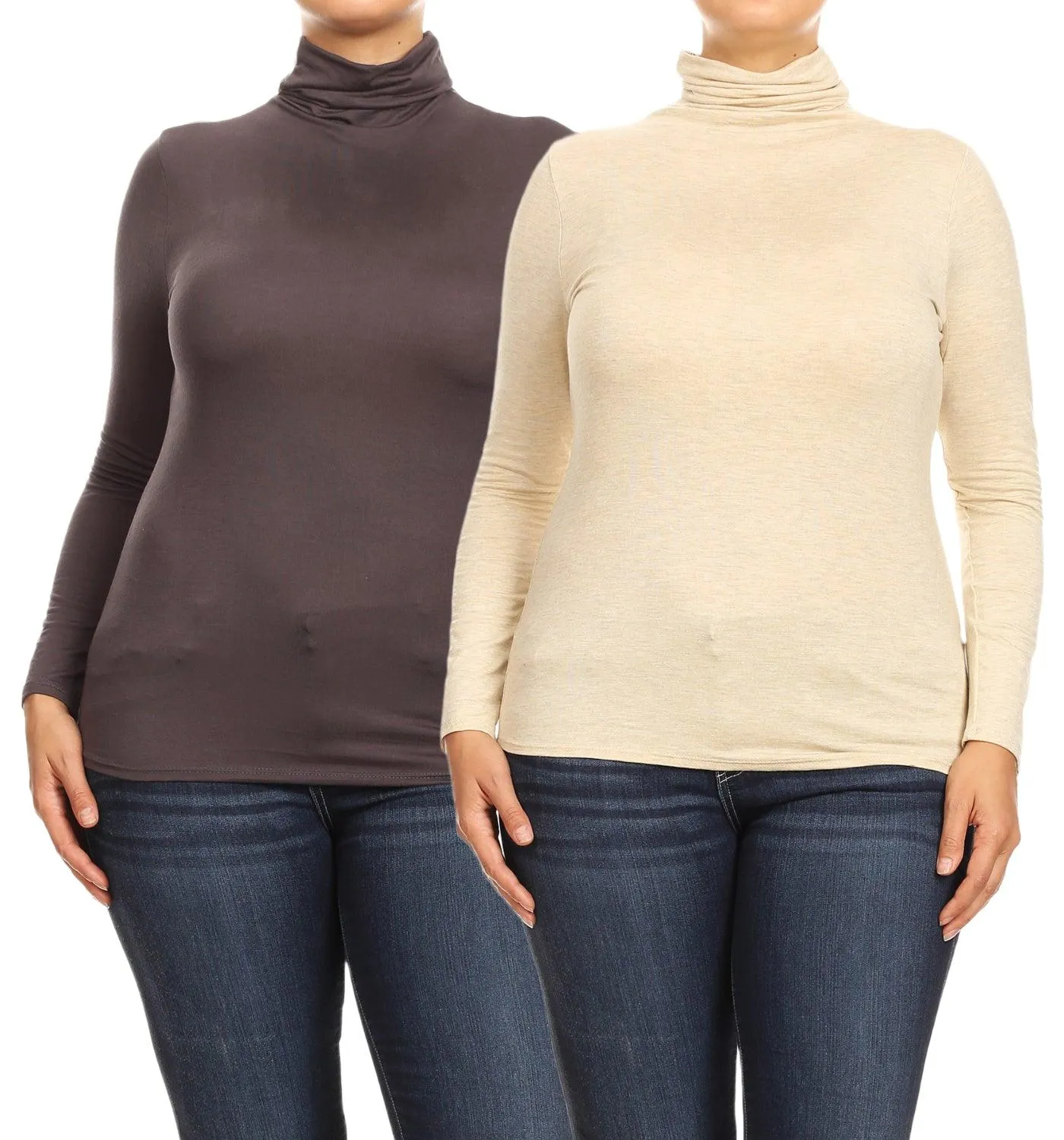 Women's Plus Size Fitted Long Sleeve Solid Turtleneck Sweater (Pack of 2)