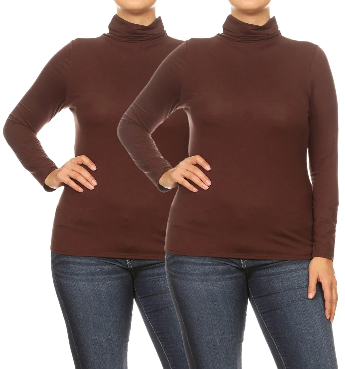 Women's Plus Size Fitted Long Sleeve Solid Turtleneck Sweater (Pack of 2)