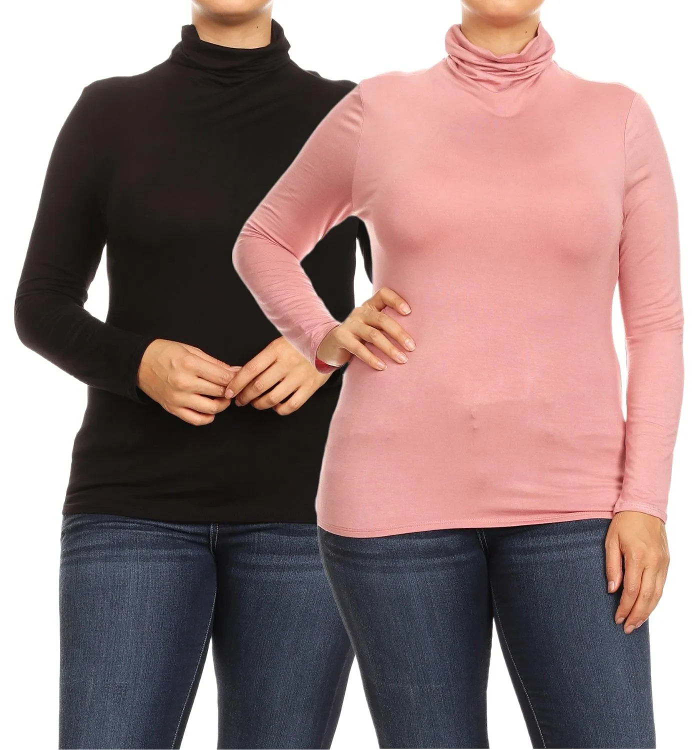 Women's Plus Size Fitted Long Sleeve Solid Turtleneck Sweater (Pack of 2)