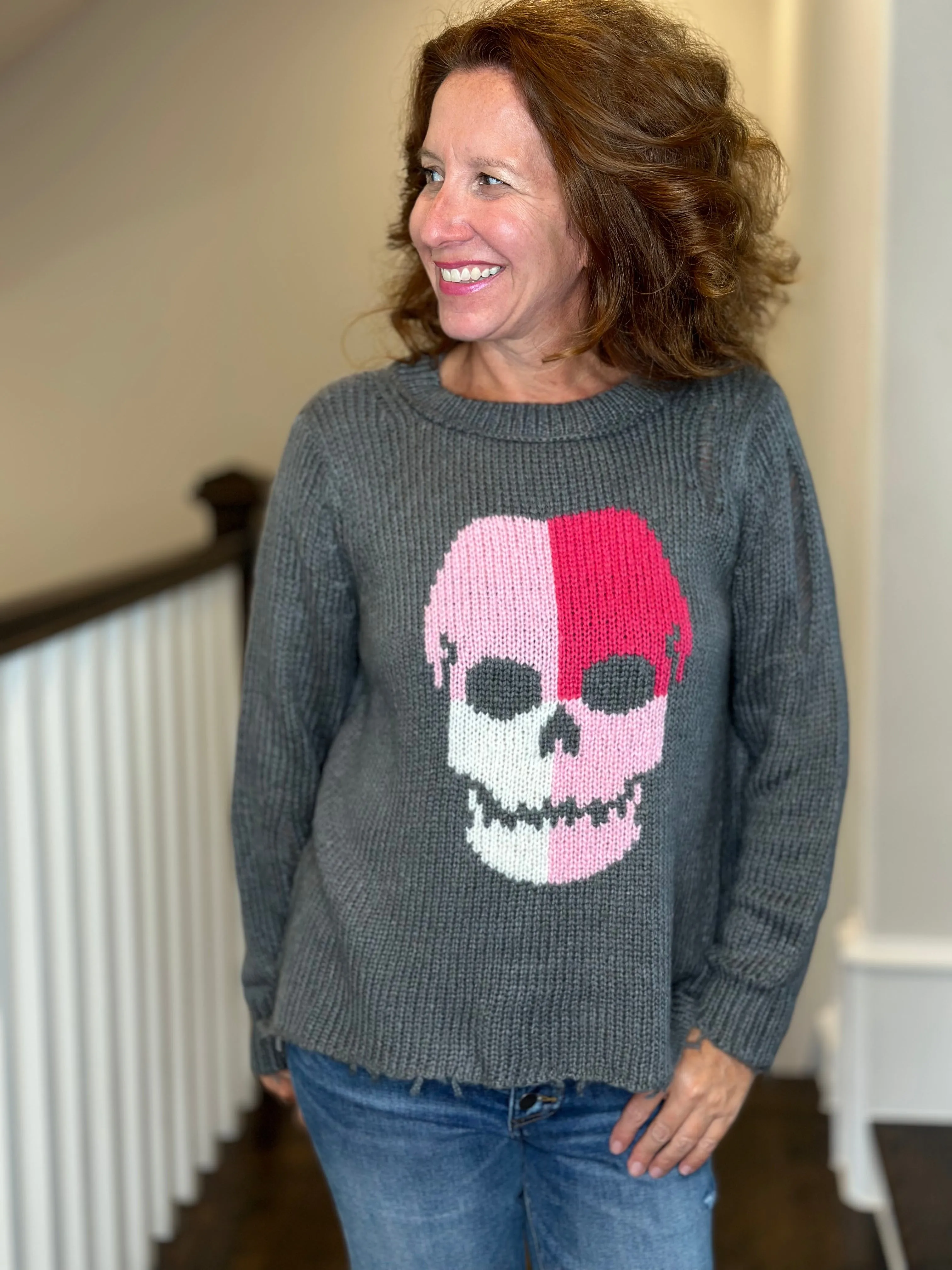 Wooden Ships Colorblock Skull Crew Sweater in Gunmetal