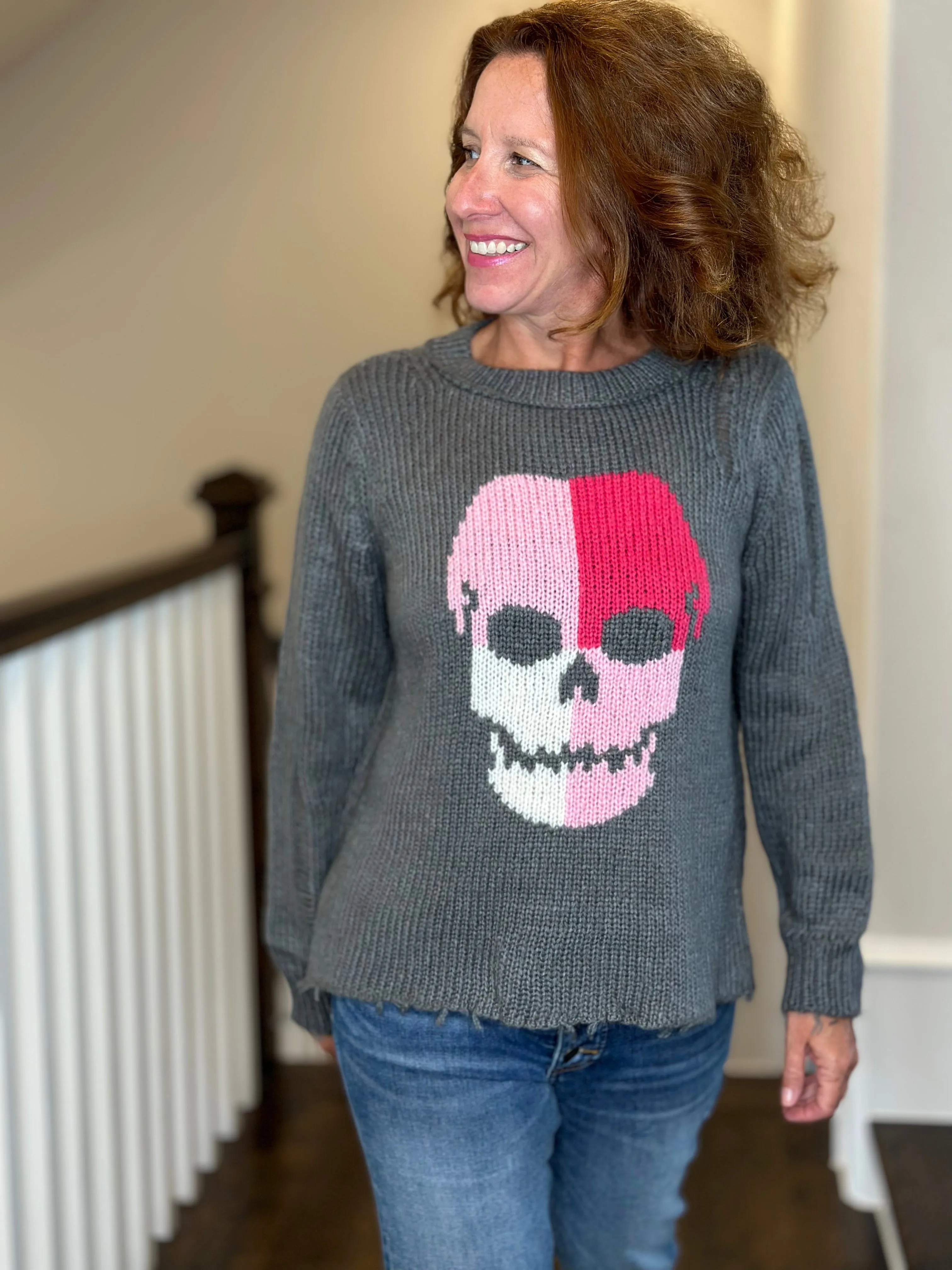 Wooden Ships Colorblock Skull Crew Sweater in Gunmetal