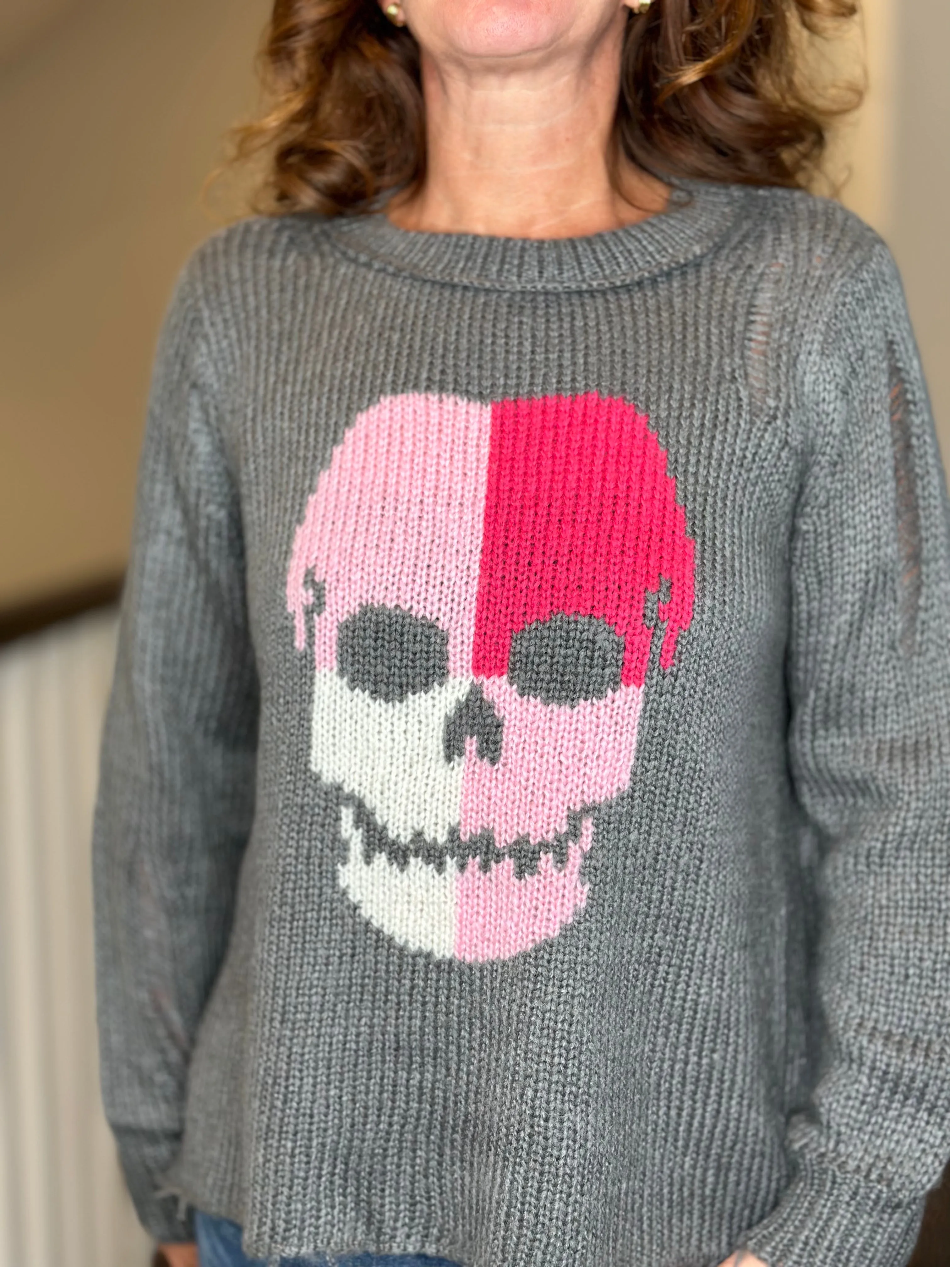 Wooden Ships Colorblock Skull Crew Sweater in Gunmetal